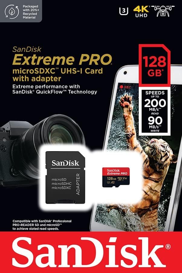 SanDisk Extreme Pro UHS I MicroSD Card 128GB 200MB/s Read, 90MB/s Write for 4K Video